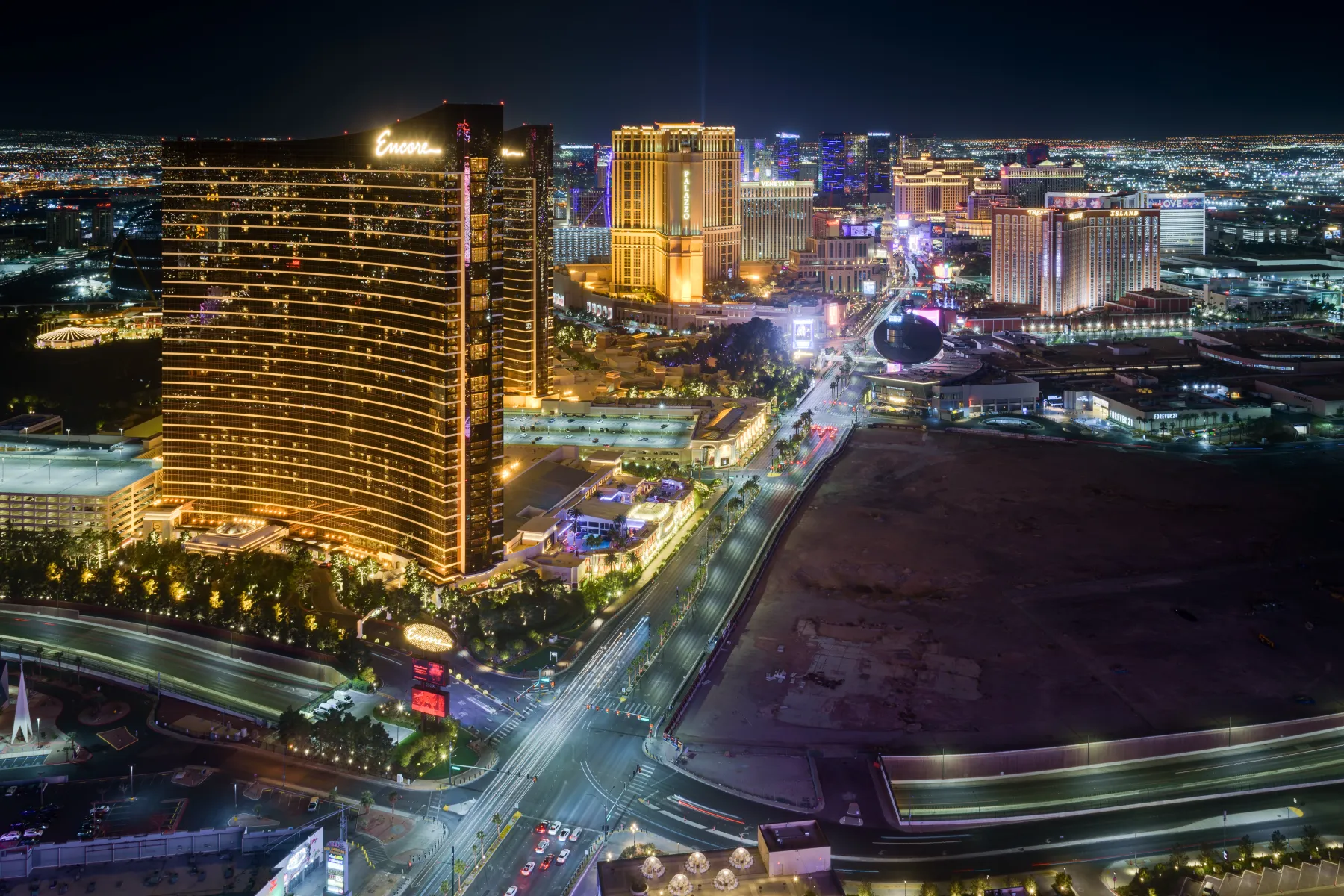The Las Vegas Strip at dusk seen from above